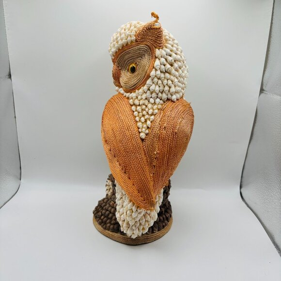 Vintage Owl Figurine Handmade Seashell & Twine Folk Art Coastal Decor 12" - Picture 3 of 6